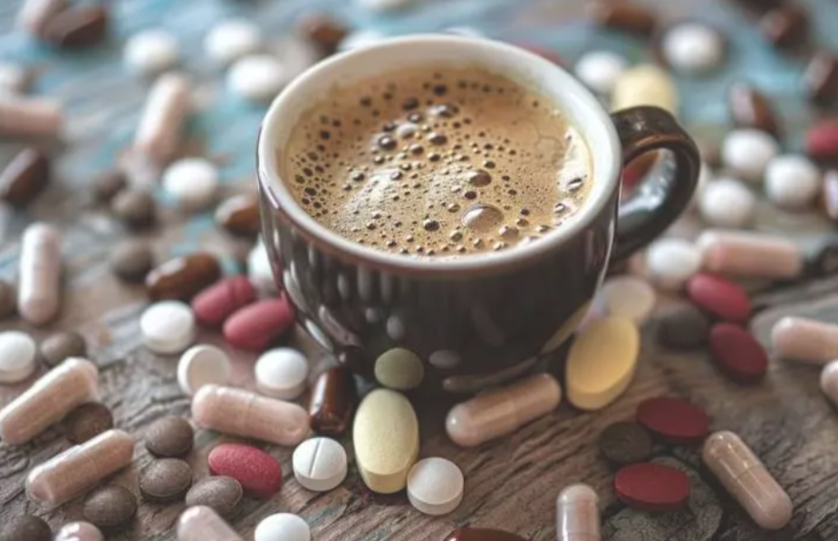 taza de café y pastillas