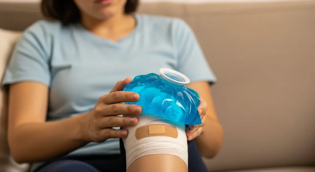 Persona aplicándose una compresa de hielo en la rodilla