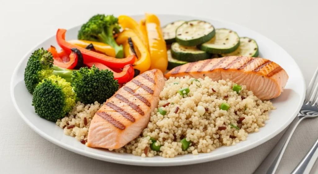Plato balanceado con vegetales, proteínas magras y granos integrales.